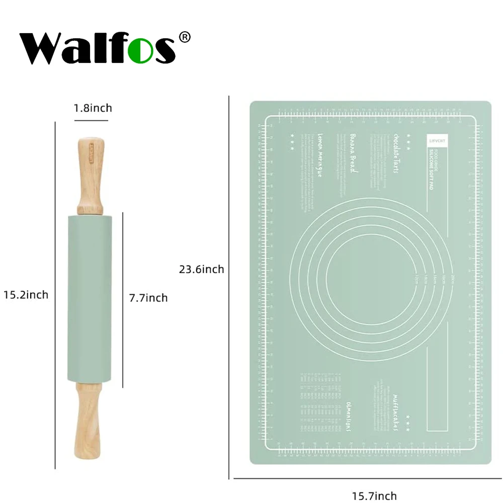 WALFOS Extra Large Pastry Rolling Pin Set Silicone Baking Pan Dough Pad Thickened Silicone Non-Stick Non-Slip Pad Kitchen Tools