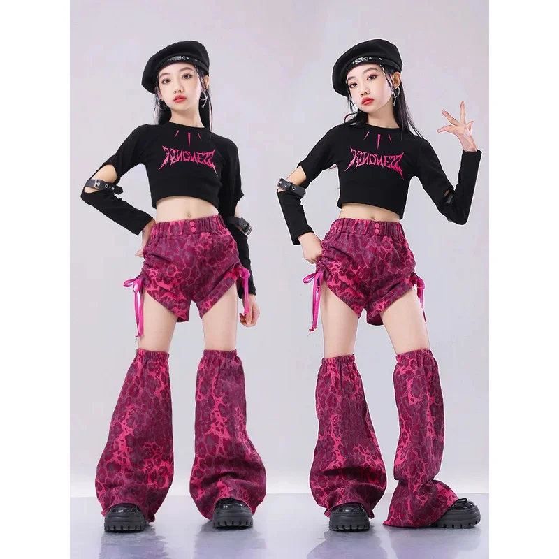 أزياء رقص الجاز الحديثة للفتيات ارتفع الأحمر ليوبارد طباعة معطف الهيب هوب السراويل وتتسابق الهيب هوب مرحلة الملابس