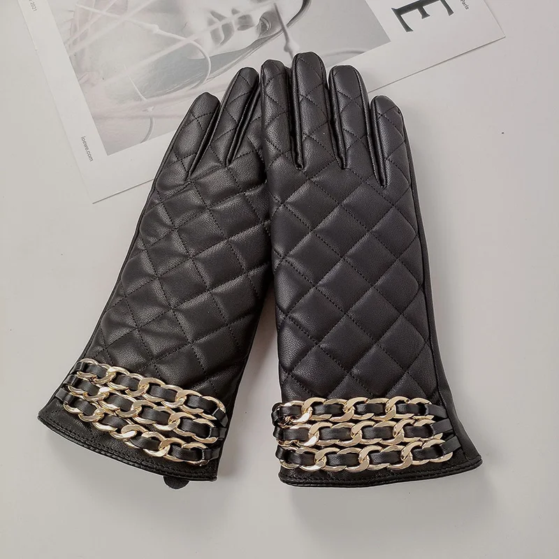 Women Black Chain Thickened Plush Inside Grid PU Artificial Leather Glove Sexy Female Nightclub Dance Punk Performance Mitten