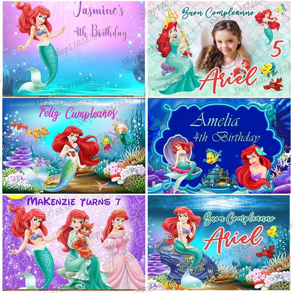 ที่กําหนดเอง Disney Mermaid ฉากหลัง Photocall Princess Ariel Girl First Party พื้นหลังอุปกรณ์ตกแต่ง Baby Photo Studio