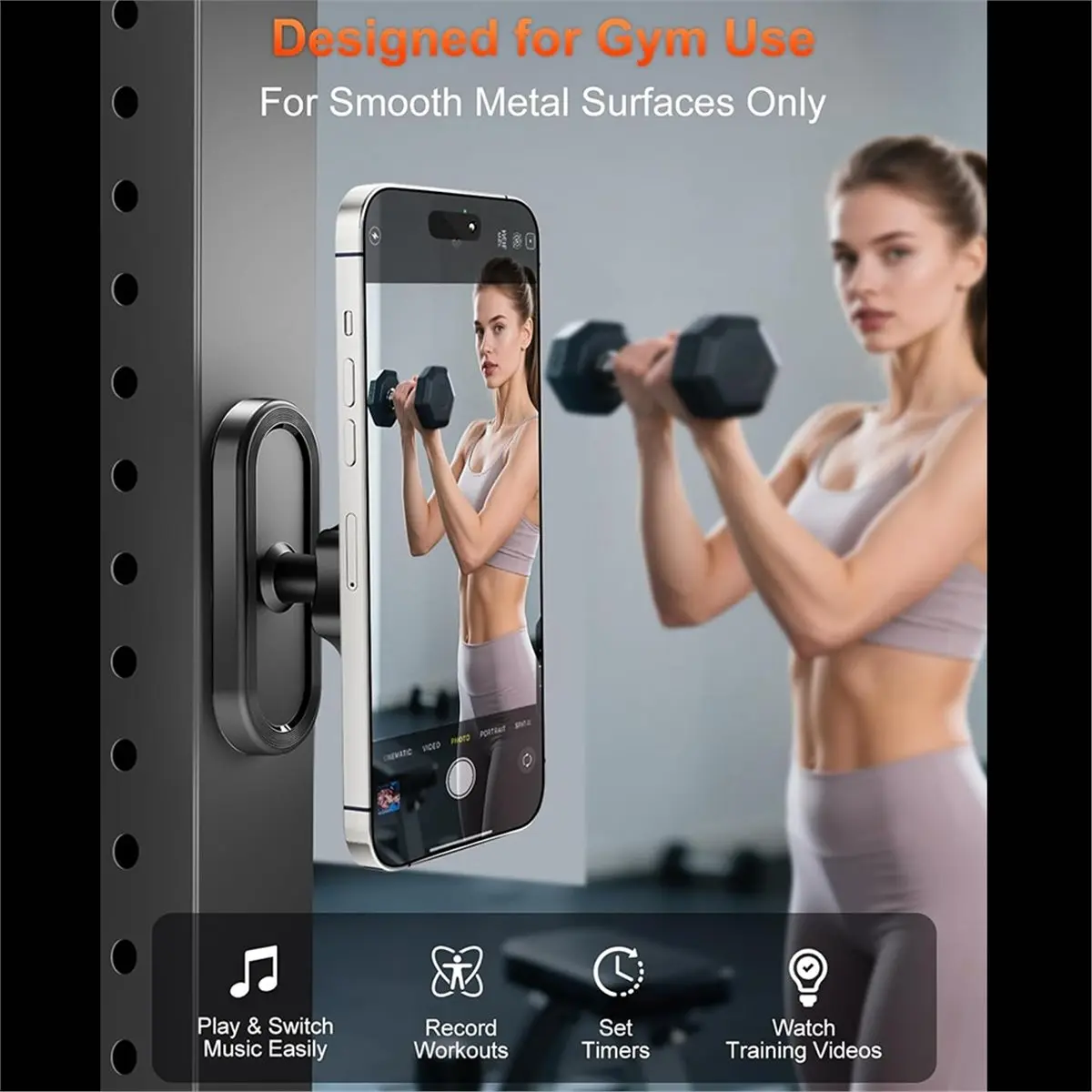A86G NEW Gym Magnetic Phone Holder, Attaches to Metal Surfaces, 360° Rotating Double Magnet Mount for Fitness Workout Recording