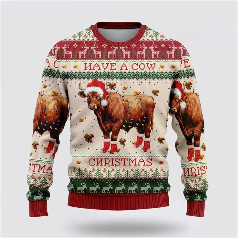 

Cow Graphic Ugly Christmas Sweater Men Casual Fashion Loose Pullover Top 3D Printed Animal Christmas Popular Sweatshirt Men Tops