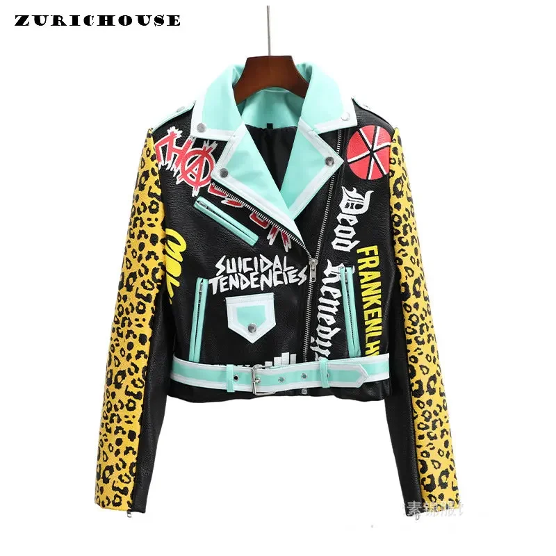 Slim-fit Cropped Motorcycle Leather Jackets for Women 2024 New Streetwear Contrast Graffiti Print Faux Leather Jacket XXXL