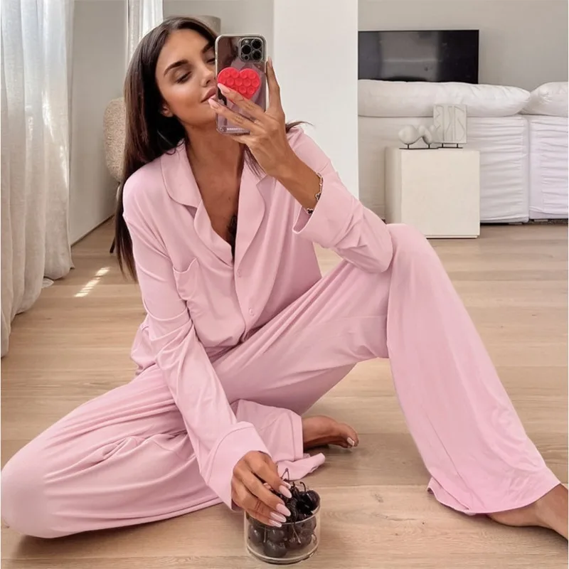 

2025 Autumn Women's Long Sleeved Long Trousers Pajama Set Comfortable Cardigan Lounge Wear European American Style Homewear