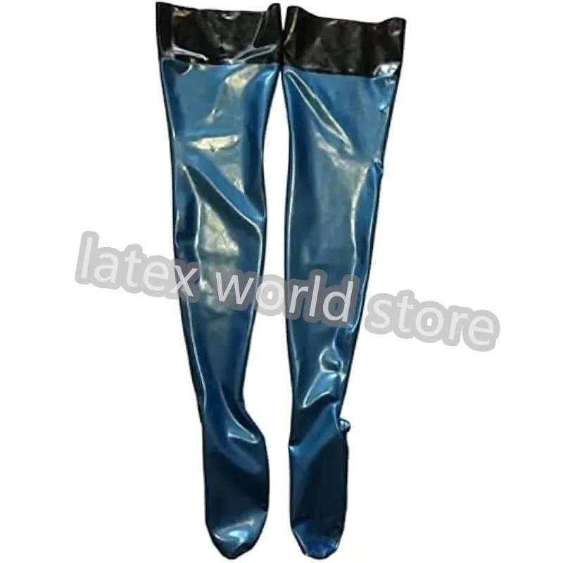 

Sexy Lingerie Fetish Metal Blue with Black Latex Stocking Long Rubber Socks Cosplay Costumes for Women Wear with Catsuit
