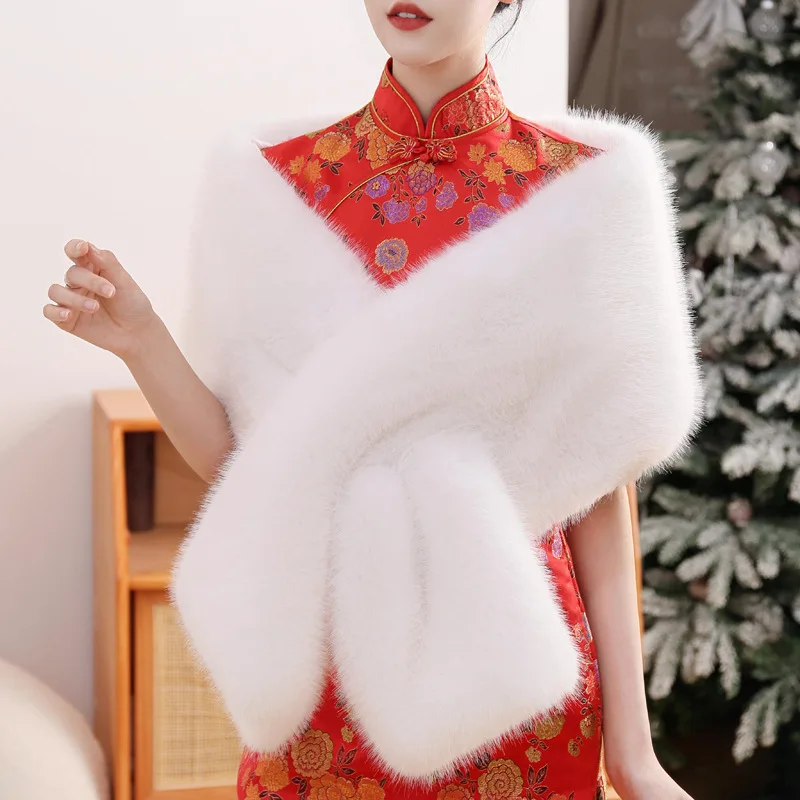 Luxury Fur Wraps for Women Winter Scarf Long Racoon Fur Shawl Tippets for Party Dress Poncho for Bride Stage Performance