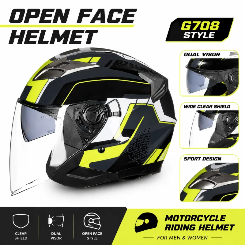 GXT G708 Open Face Motorcycle Helmet Dual Visor Half Helmet Men Women Scooter Riding Helmet Sport Style Clear Shield