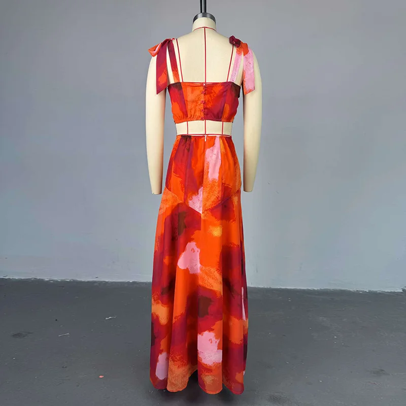 Slergiri Women's Sweetheart Neck Tie Shoulder Cutout Backless Dress 2025 Summer Sweet Print High Waist Big Swing Long Dresses