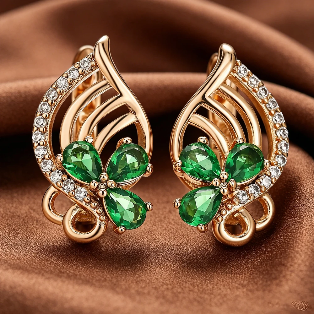 18k Gold Plated Leaf Butterfly-Shaped Earrings Teardrop-Shaped Cubic Zirconia Clip-On Earrings Fashionable Women's Jewelry Gifts