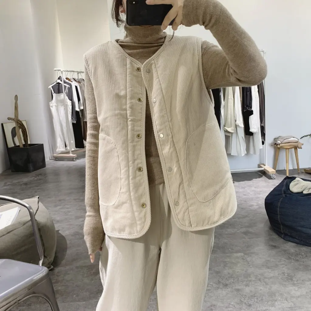 

Женский двусторонний вельветовый жилет из овечьей шерсти, свободный утягивающий жилет в стиле ретро с карманами для осенне-зимней рабочей одежды