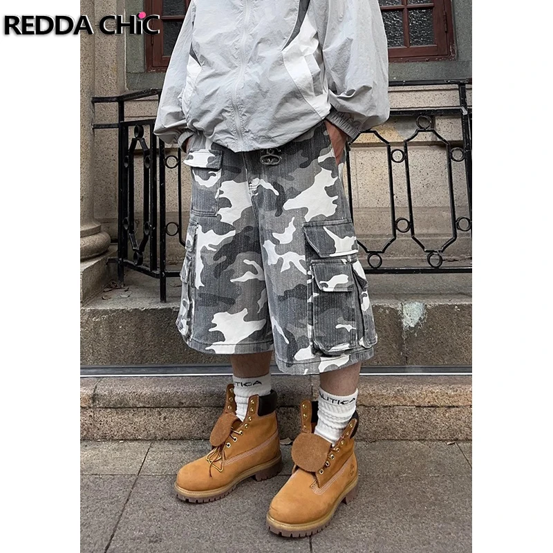 

REDDACHIC Multi-pocket Camouflage Baggy Jeans Jorts Men High Waist Casual Loose Wide Leg Denim Cargo Shorts Y2k Retro Streetwear