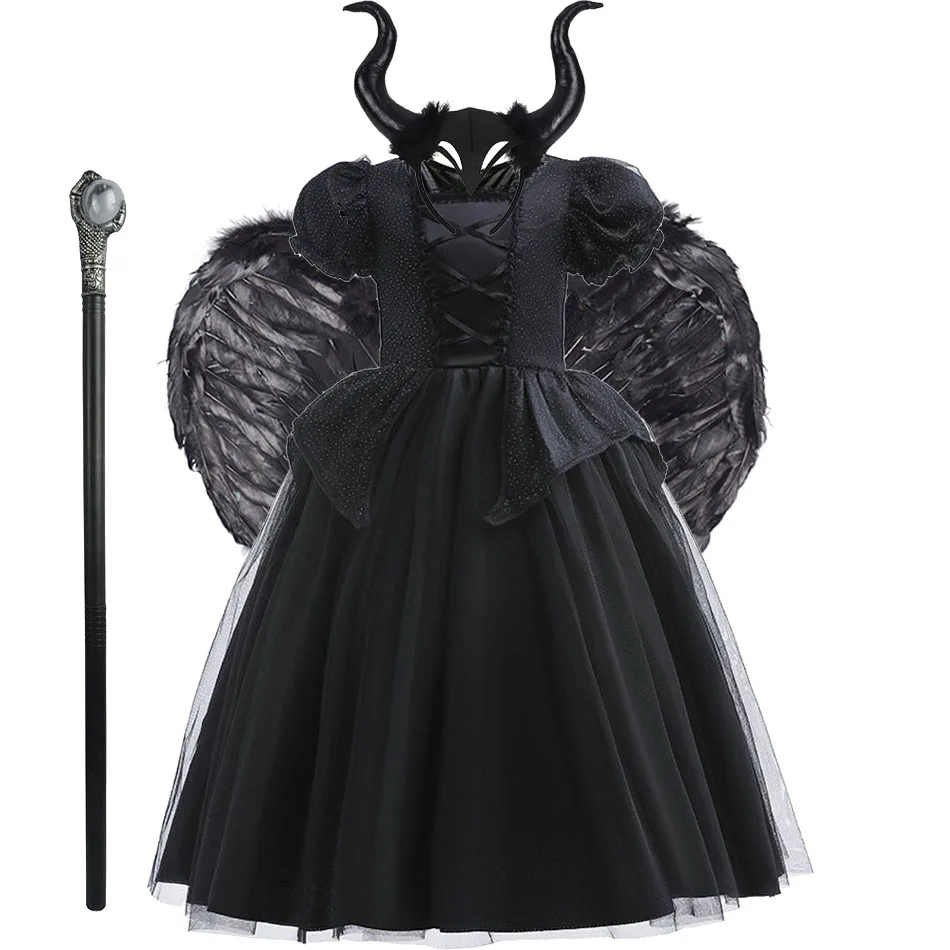 

Girls Witch Costume Kids Cosplay Halloween Disguise Baby Devil Queen Pageant Fancy Clothes Princess Malefic Fantasy 3-10 Years