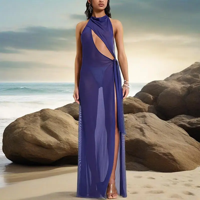 

Новое длинное платье в морском стиле 2025 года с вырезом на шее - это сексуальное сетчатое прозрачное платье с большой разрезом и открытой спиной.