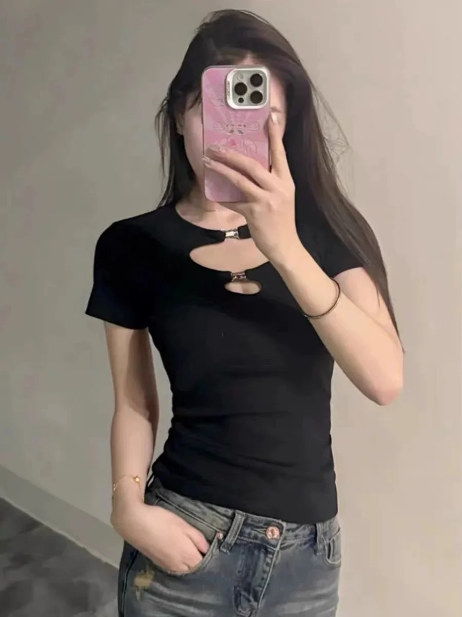 

plus Size Hollow out ort Sve T-irt Women's Summer Slim Fit Inner Wear Base irt Top Korean Sle Commute Faion