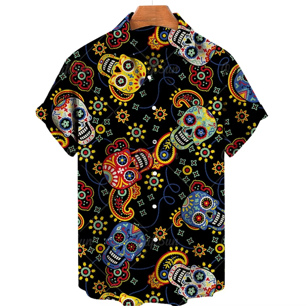 2025 Skull Men's Shirts Lapel Streetwear Vintage Shirt For Men Street Hip Hop Short Sleeve Top Party Summer Men Hawaiian Shirts