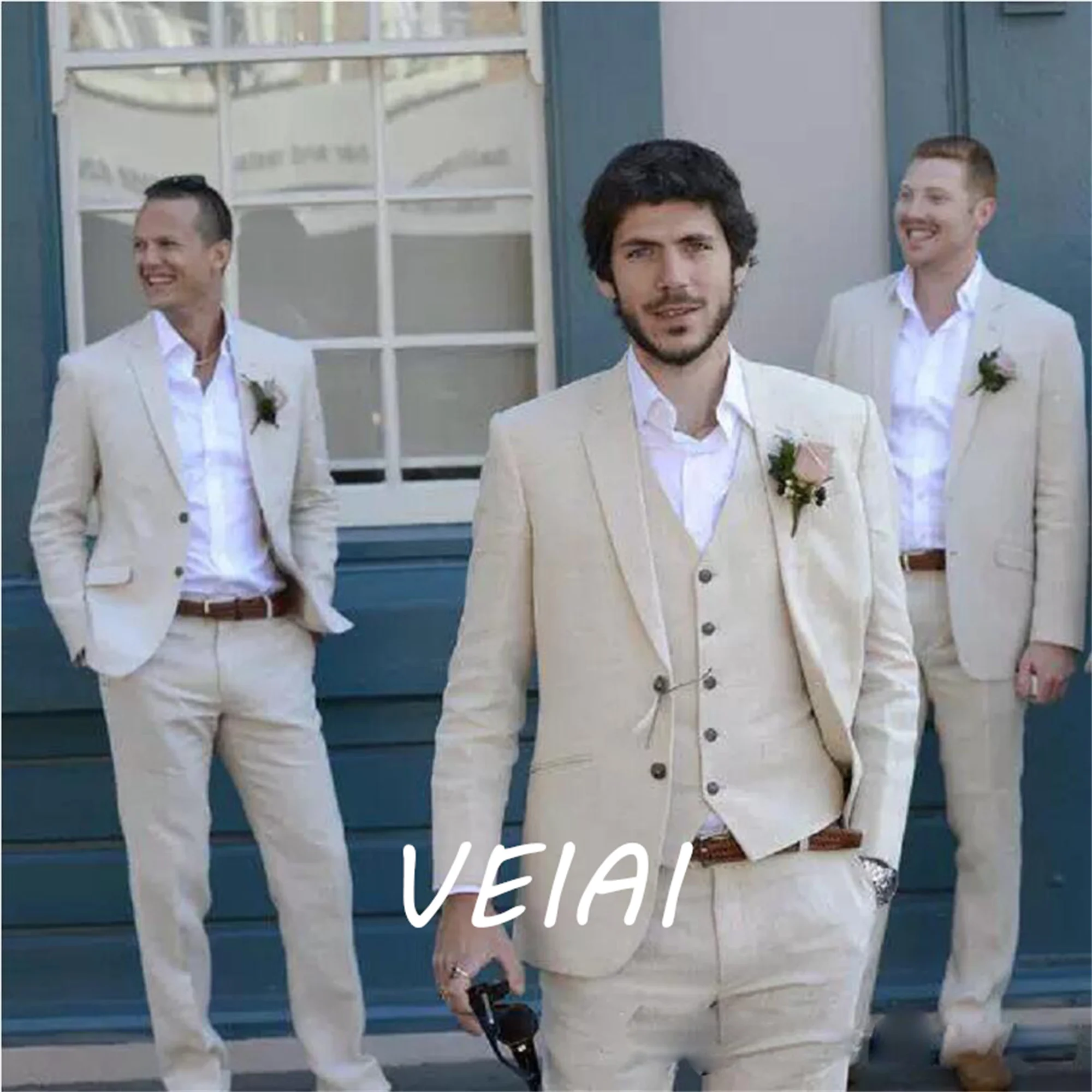 

CustomizedBeige Beach Linen Mens Suits for Wedding 3 Piece Jacket Vest with Pants Groom Tuxedo New Fashion Costume High Quality