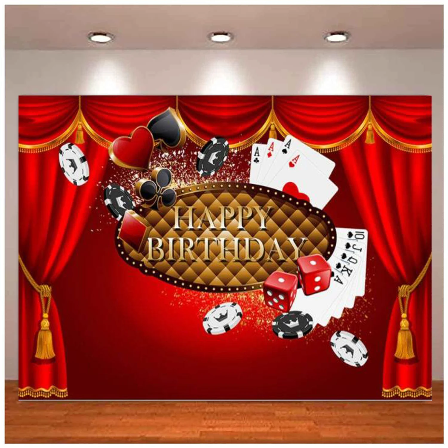 

Casino Themed Red Curtain Adult Happy Birthday Party Photo Studio Backgrounds Banner Poker Card Dice Photography Backdrop