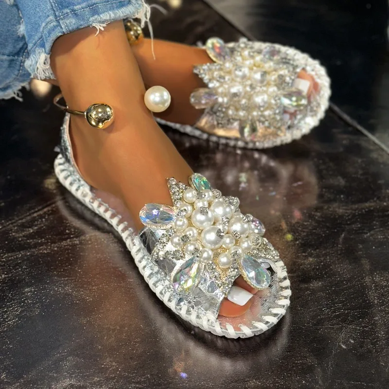 Pearl Crystal Flower Sandals Summer New Round Toe Open Toe Soft Sole Non-slip Wear-resistant Flats image 5