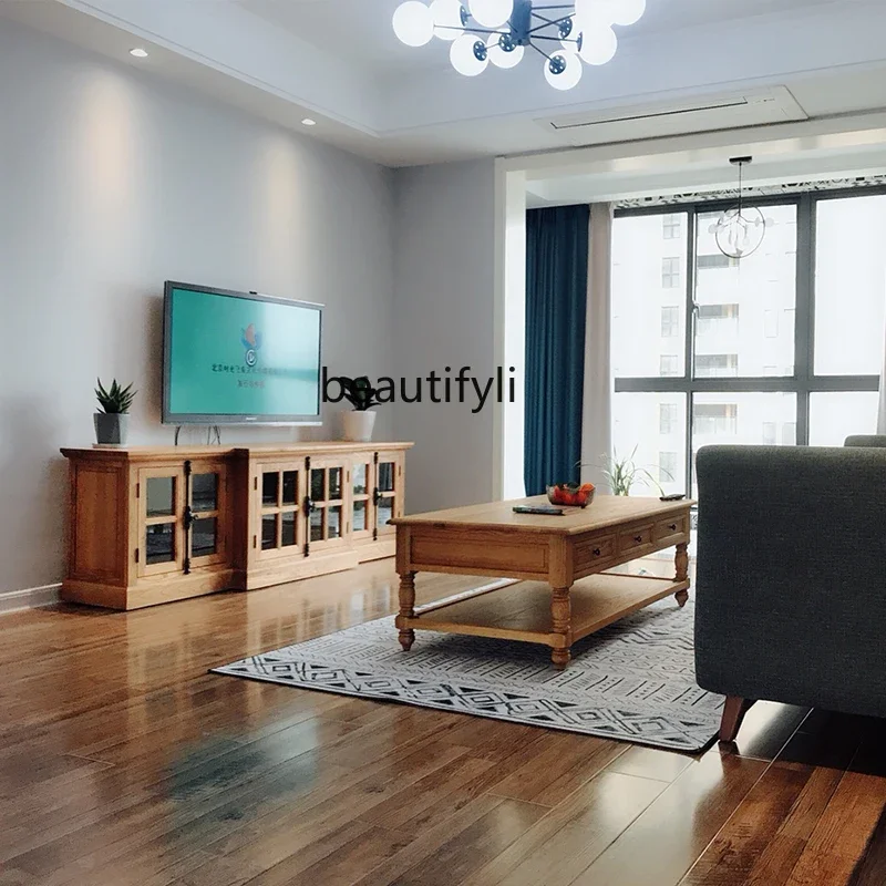 Imported American country French oak solid wood TV cabinet light luxury log heaven and earth lock living room locker