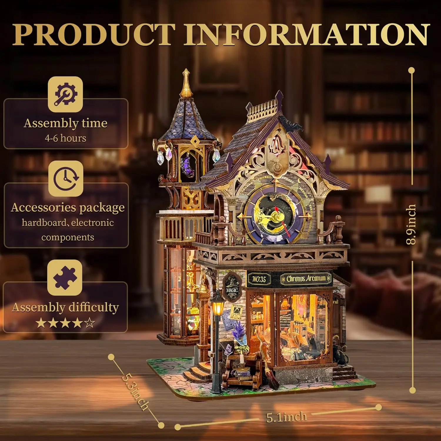 Time Magic Club Book Nook Kit with Rotating Tower, Music & Lights | Dynamic Fantasy DIY Miniature Building Kit, Bookshelf Decor