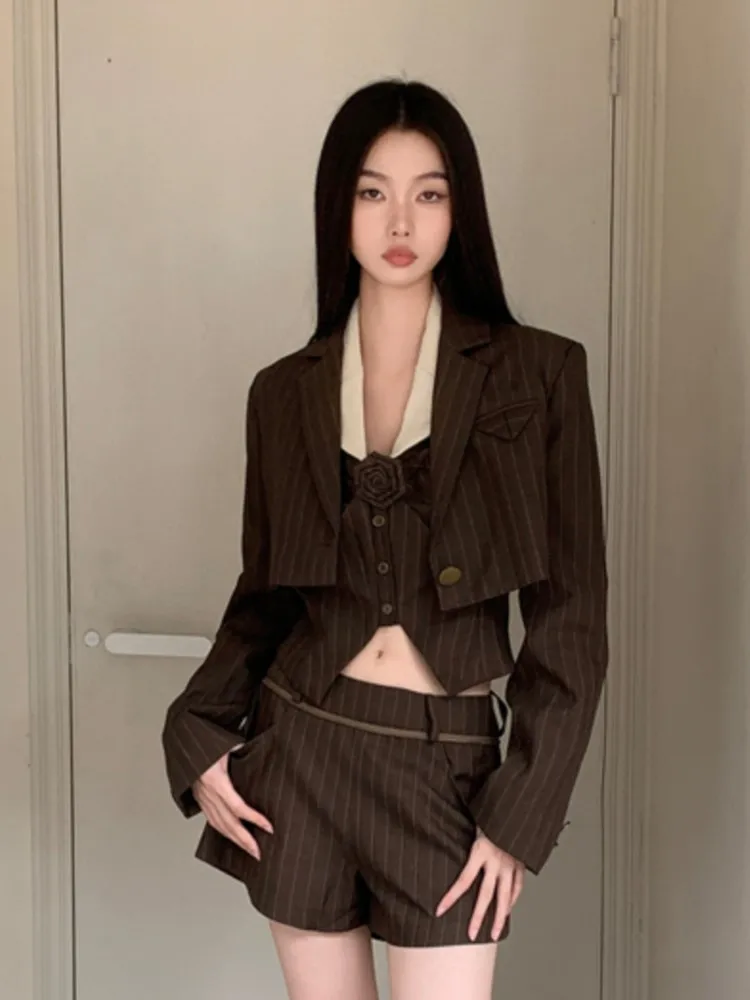 Vintage Preppy Style Skirt Set 3 Piece Sets For Women Long Sleeve Short Coat Mounted-Neck Vest Pleated Mini Skirt Fashion Suit