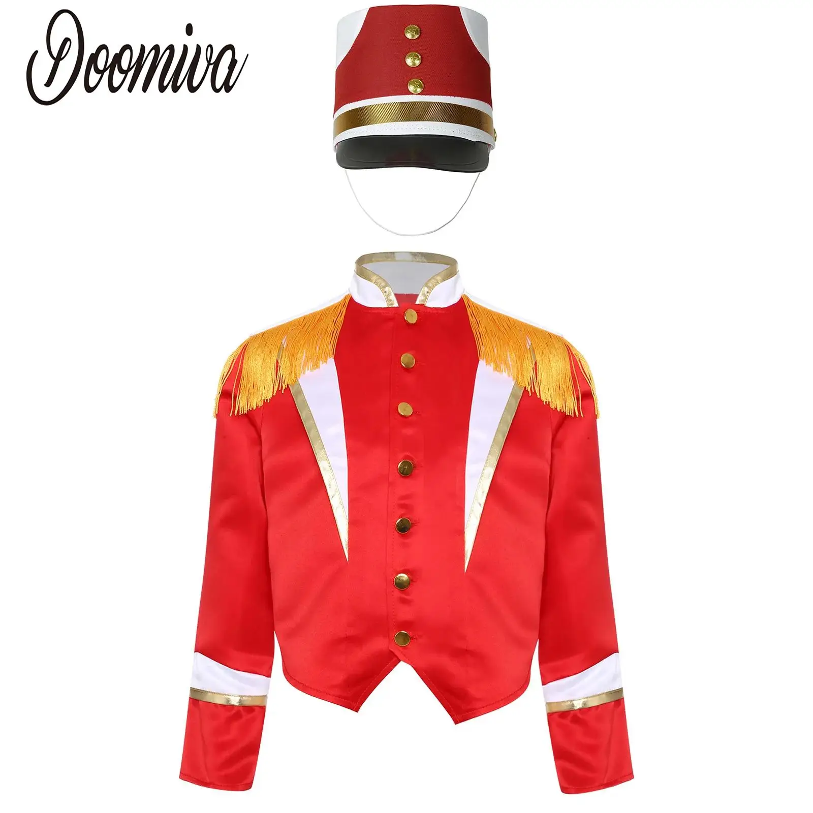 

Girls Boys Drum Major Uniform Outfit Marching Band Jacket and Drum Band Hat Sets Halloween Carnival Party Performance Costumes