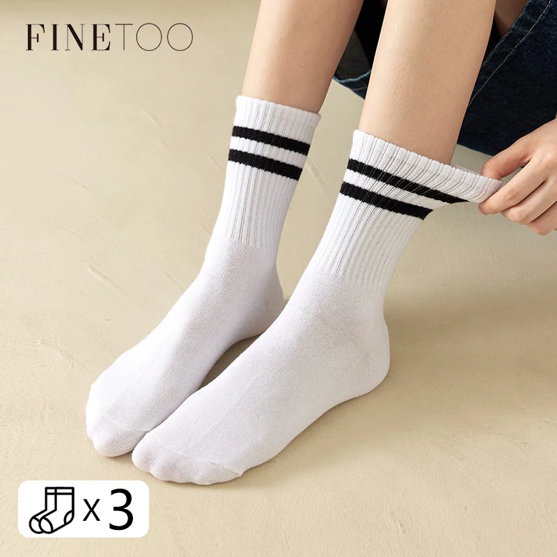 FINETOO 3 skarpetki w paski bawełniane jednolite kolory skarpetki unisex Streetwear Harajuku czarne białe pary deskorolka dzianinowe skarpetki na co dzień