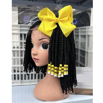 custom 5inch 8inch  sengel twist kids braids elastic ponytails with colorful crochet beads with Bow Tie wholesale