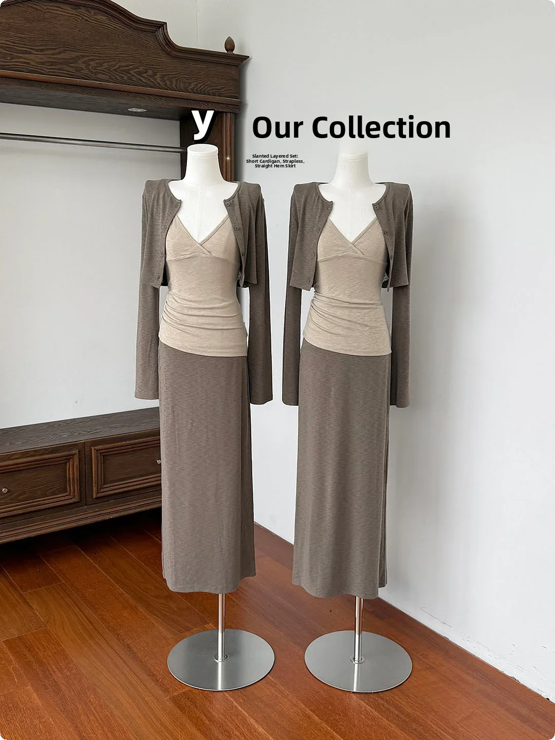 Cozy Short Open Cardigan Strap Straight Skirt Three Piece Set Gentle Good Proportioned Diagonal Trim Layering Fashion Ensemble