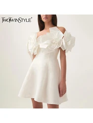 TWOTWINSTYLE Spliced Appliques Evening Short Dresses for Women Slash Neck Off Shoulder High Waist Solid Color Style Dress Female