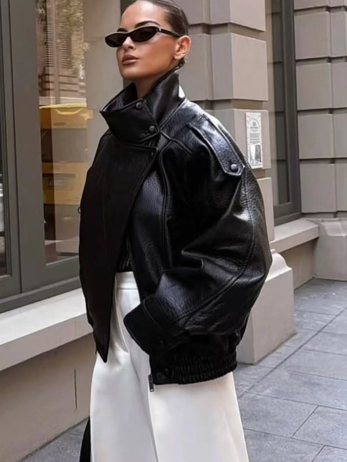 TFMLN 2025, Damen-Jacke aus Kunstleder, lockere Jacke, High Street, Stehkragen, Langarm, Mantel, modisch, kausal, Reißverschluss, Oberbekleidung, Herbst und Winter