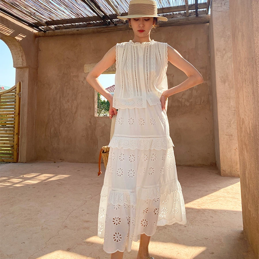 

Новый летний модный комплект 2026: вышитый топ с коротким рукавом и длинное платье для женщин – дизайнерский костюм-двойка