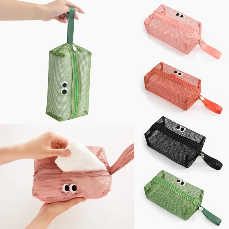 

Mesh Clear Cosmetic Bags Women Makeup Bag Portable Travel Toiletry Storage Bag Kawaii Handheld Makeup Pouch Organizer Case
