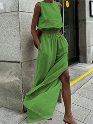 2025 New Fashion Cotton Linen Khaki Pants Sets Vacation Summer Sleeveless Tops And Split Pant Suits Two Pieces Office Ladies Set