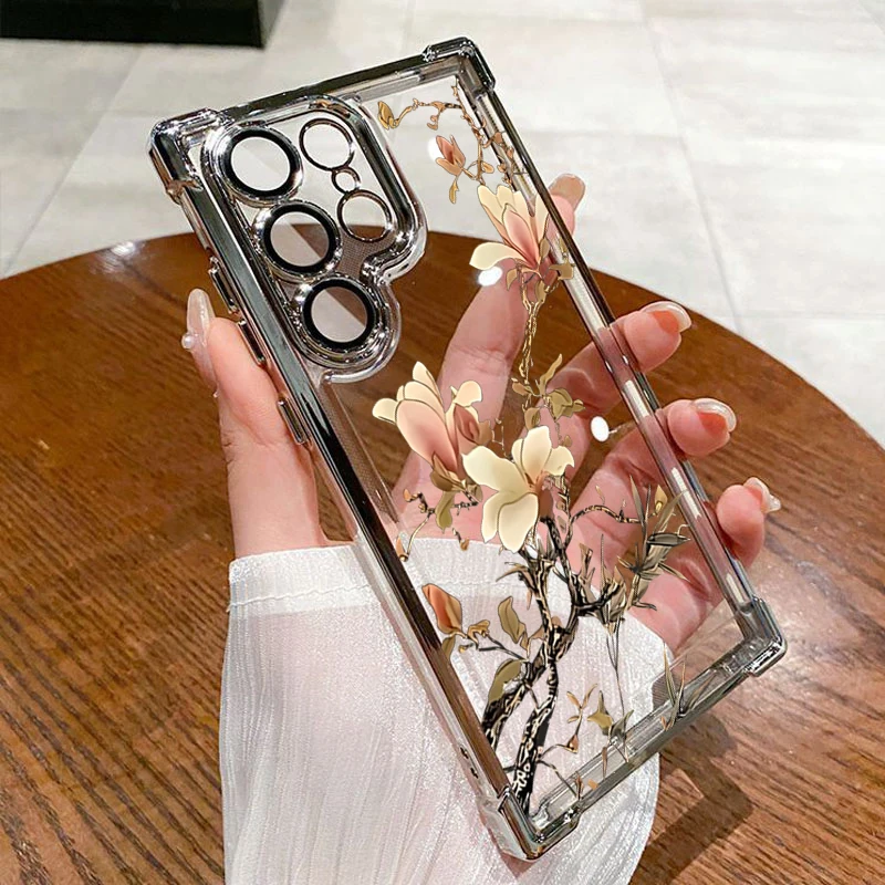 Orchid-Themed Electroplated Airbag Clear Phone Case for Samsung A55 5g A54 A35 Cases S26 S25 S22 S24 Ultra S23 FE A53 A36 Cover