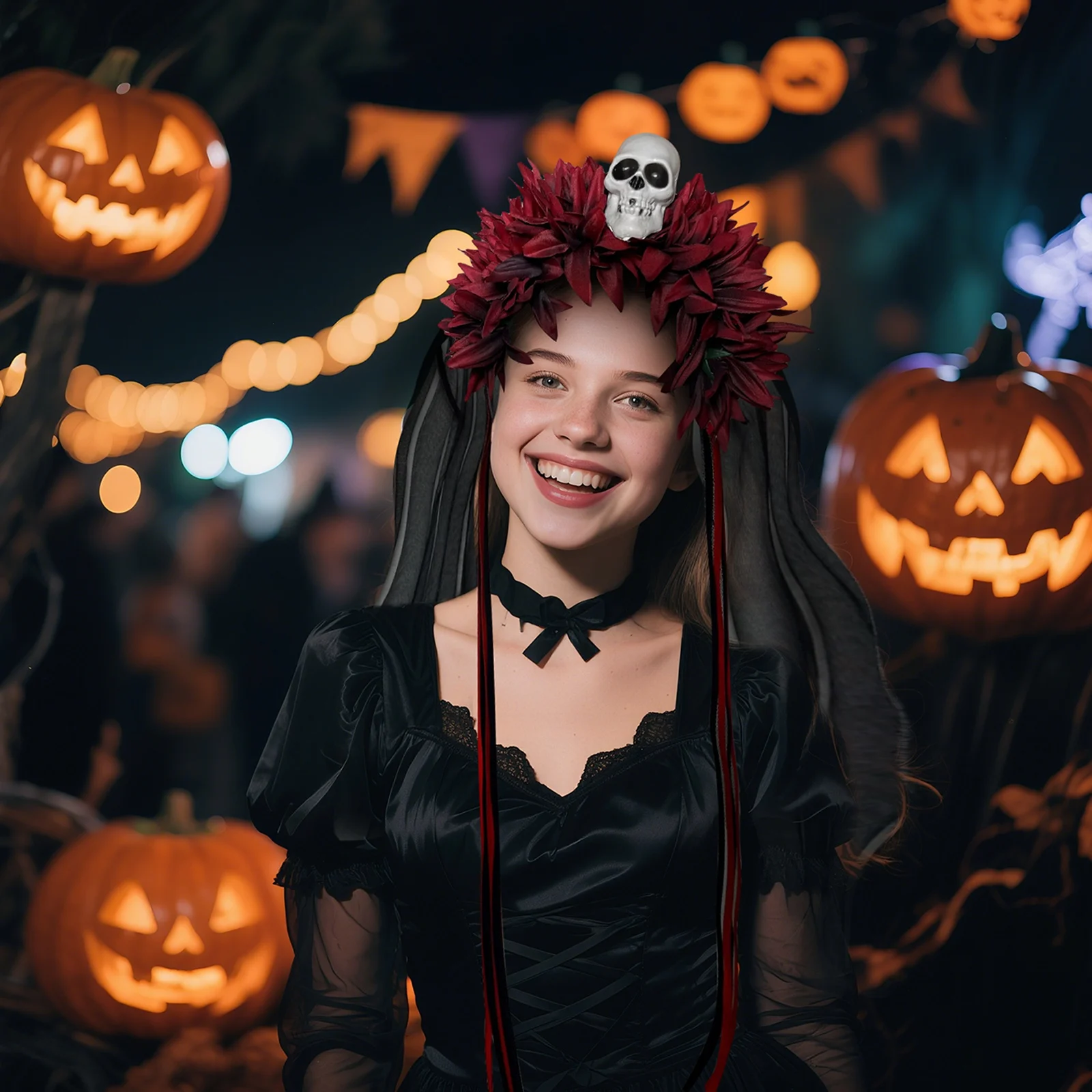 

Halloween Skull Flower Crown Faux Rose Hairband Lace Veil Gothic Bride Headpiece Spooky Haunted Wedding Hair Decoration Gift