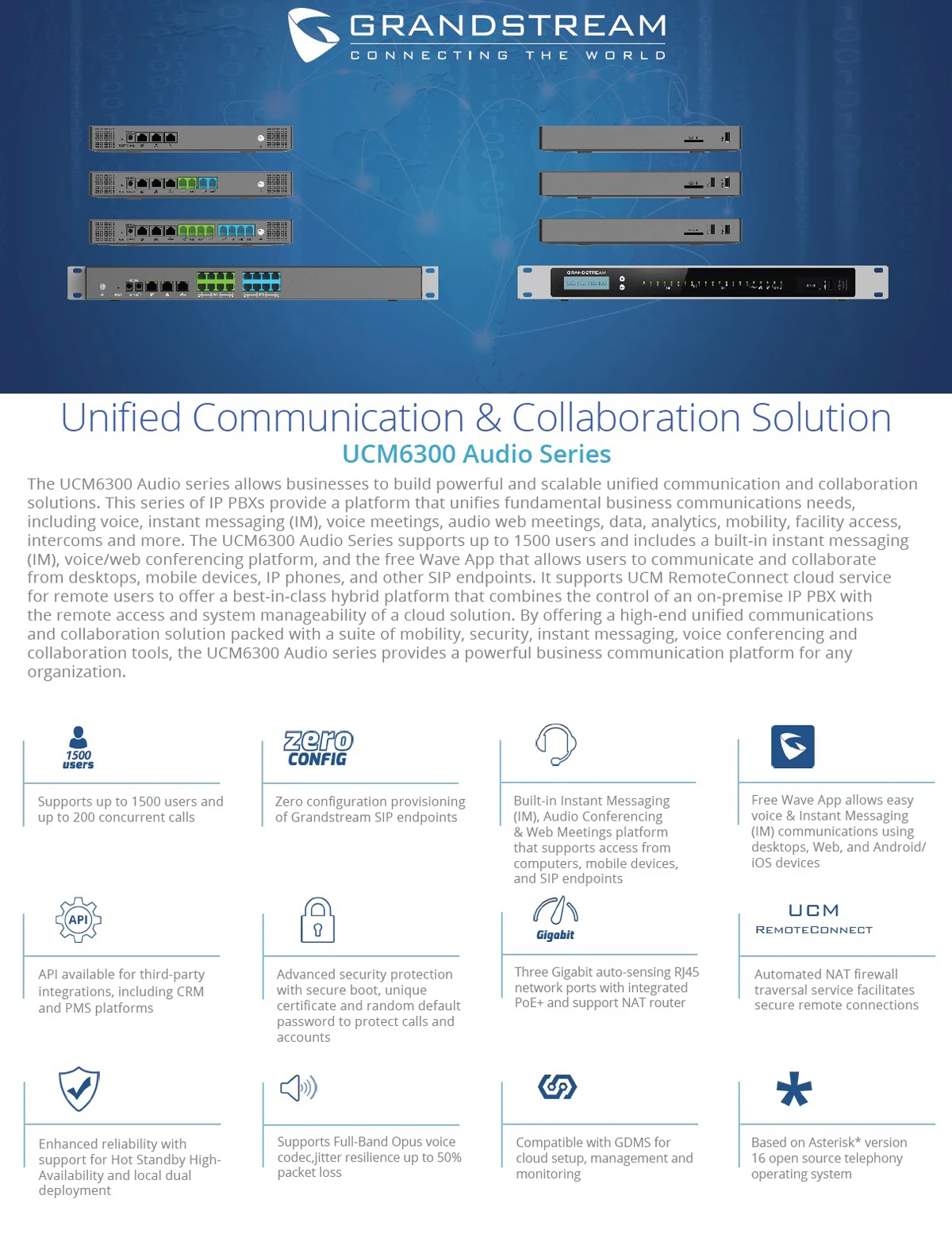 Grandstream-Audio IP PBX, UCM6308A, Support 1500 SIP Users8,FXO + 8FXS Port