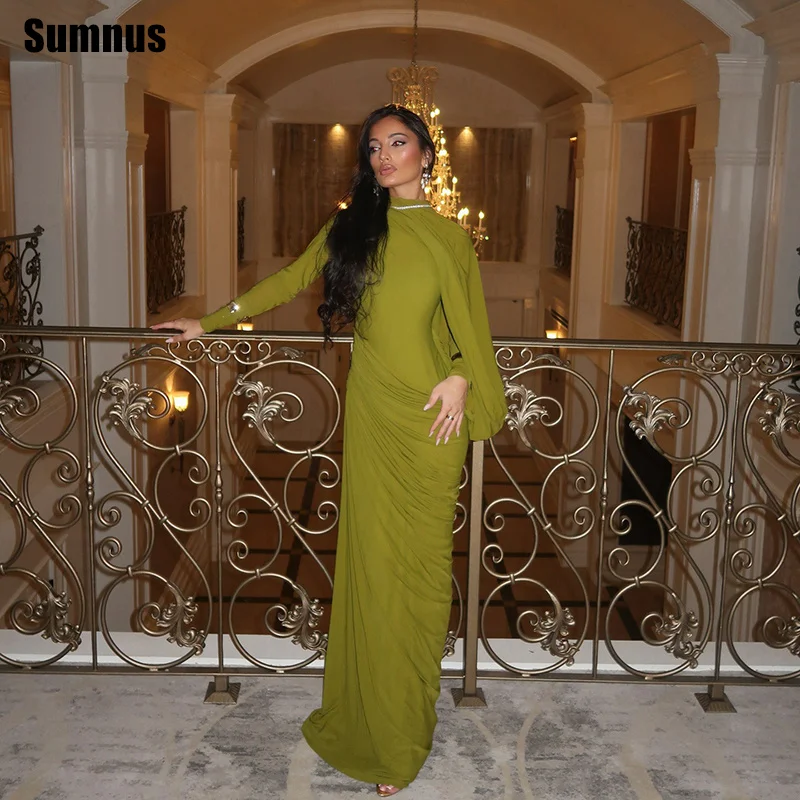 

Sumnus Elegant Mermaid Evening Dresses Silk High Neck Pleats Long Sleeves Saudi Formal Dresses فساتين سهرة Customized