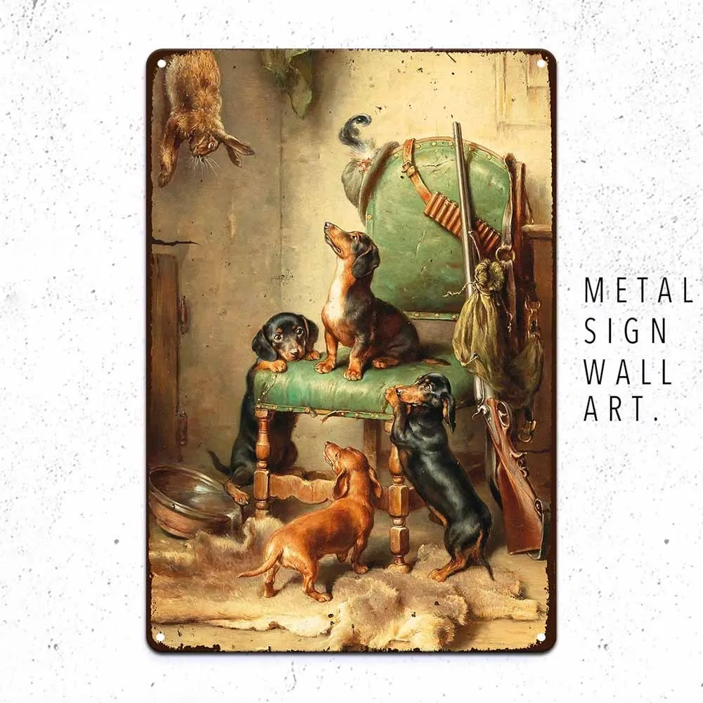 Vintage Dachshund Hunting Scene Metal Wall Art Sign - Rustic Dog Decor with Dachshund(s) Tracking Game - Feather-Free Design