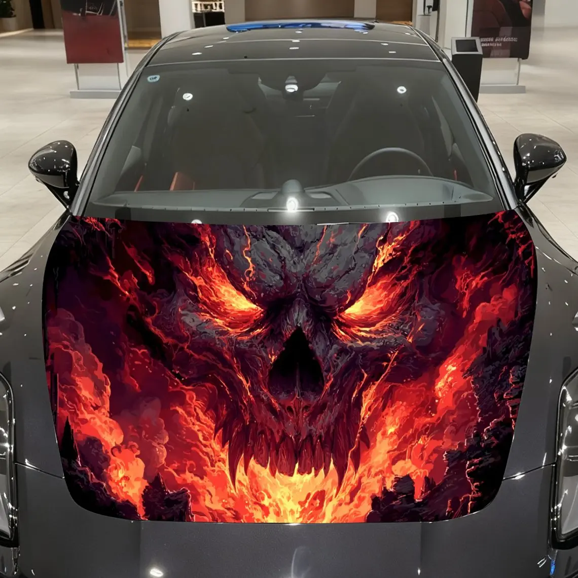 

Red Flame Fanged Demon Skull Car Vinyl Wrap, PVC Material Waterproof Car Hood Sticker, Self-Adhesive Scratch-Resistant Stickers