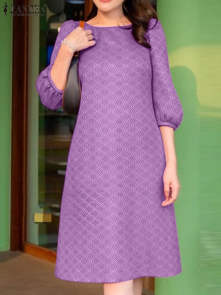 

ZANZEA Women Knee-Length Dress Summer Sundress Casual Loose O-Neck Robe 2025 Half Lantern Sleeve Vintage OL Work Vestidos