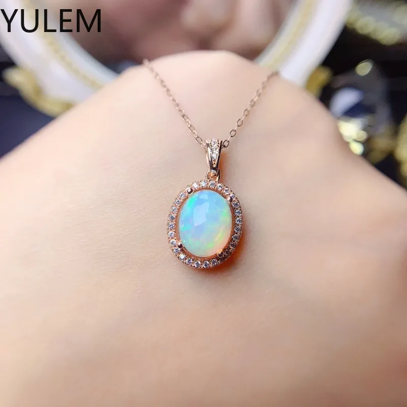 

YULEM Natural Opal 8x10mm Silver 925 Pendant with Chain October Birthday Gem Stone for Women Daily Wear