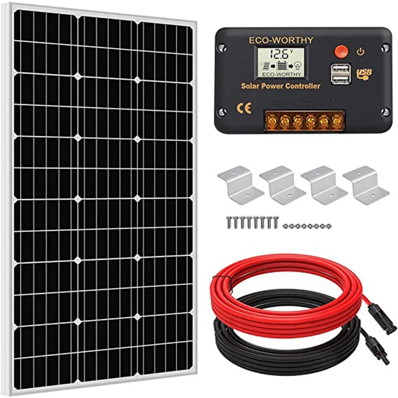 Omni-in-Panneau solaire 100W 18V et kit de contrôleur PWM 20 A, adapté à l'alimentation de secours de montres, camping-car, scooter électrique, etc.