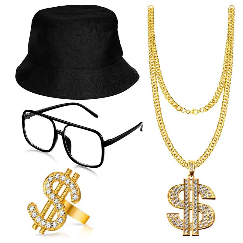 90s Hip Hop Clothes Accessories Cosplay Kit Rapper Punk Metal Chain Necklace Rings Bracelet Radio Box Hat Glasses Party Prom Set