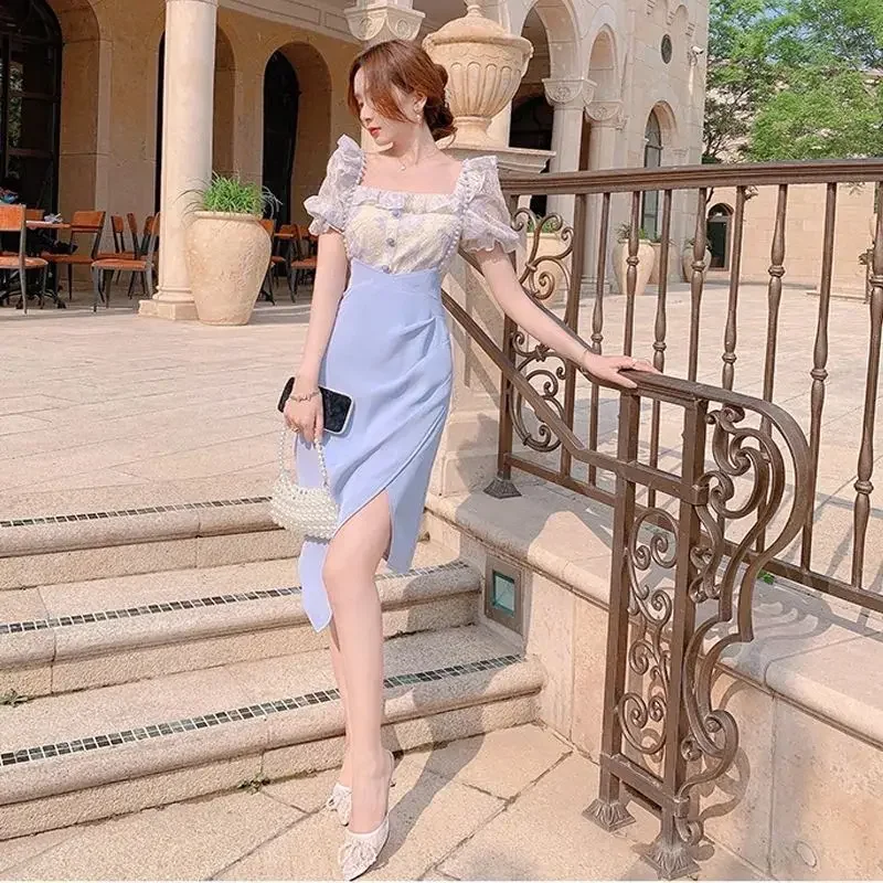 2 Pieces Sets for Women Short Sleeve Skirt Slit Kawaii Clothing Trend 2024 Formal Occasion Luxury Designer Event Woman Outfit