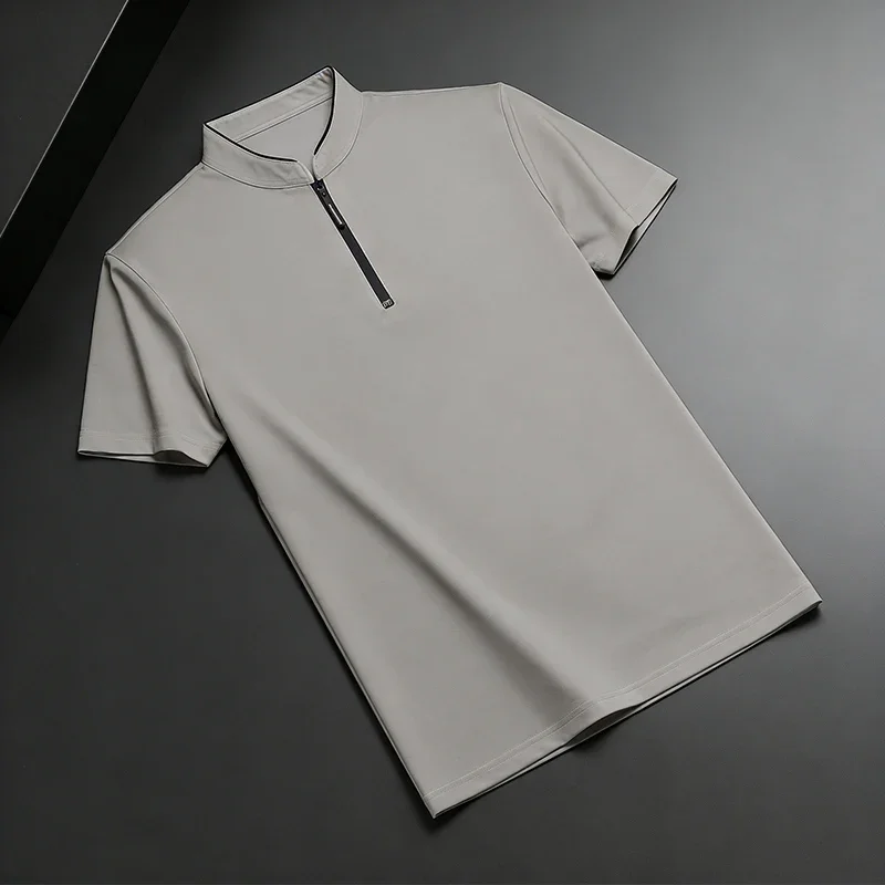Men's Solid Black Stand Collar Zipper Polo Shirt Short Sleeve Breathable Casual Business Top for Summer Daily Wear