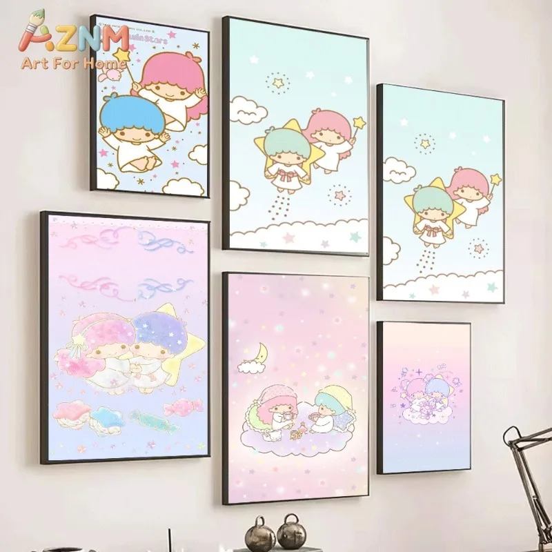 Sanrio Little Twin Stars Star Wand Cloud Sky Canvas Wall Art Unframed Canvas Poster Print for Girls Bedroom Home Decor Gift