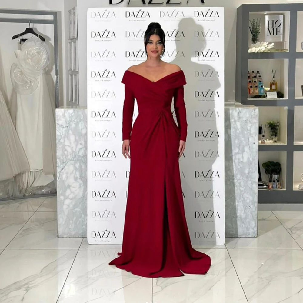 

CustomizedCustomized Elegant Jersey Red Luxury Evening Dresses Off the Shoulder Ruched Full Sleeves Floor Length A-line Simple P