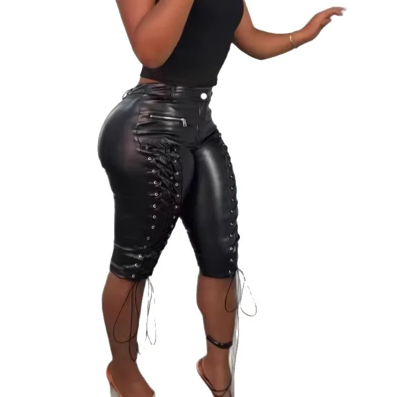 Summer Clothes Women Y2K Shorts Denim For Woman Casual Pants Black Knee Length Mid-rise Short Pants Lace Up Sides Cross Lace