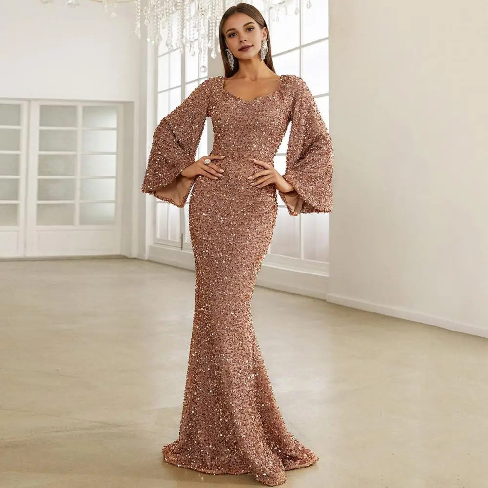 Women Evening Dress Bell Sleeves Sequin A-line Slim Fit Low-cut V Neck Maxi Dress Mid Waist Back Zipper Closure Prom Dress